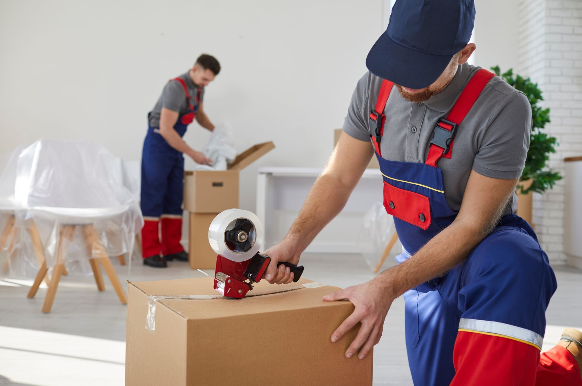 Two movers packing boxes in a brightly lit room. One seals a box with tape, the other packs another box.