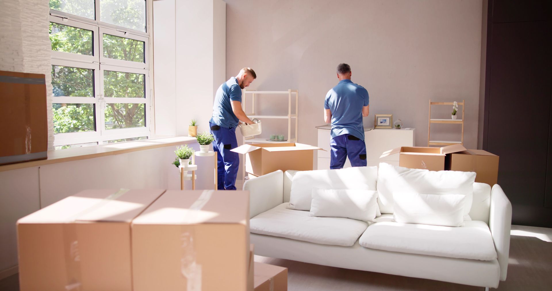 Two movers unpack boxes in a bright, modern living room with a white sofa and large windows.