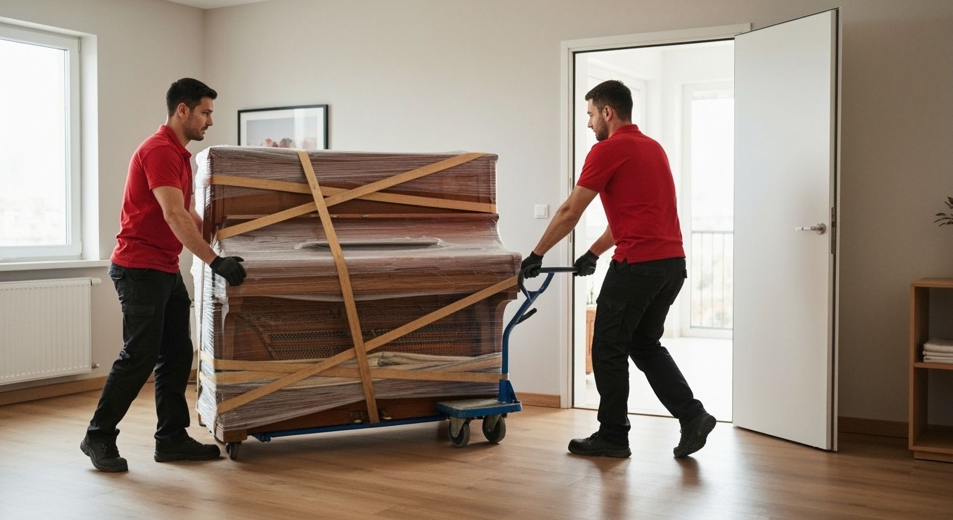 Two movers in red shirts, moving a wrapped piano on a dolly through a doorway in a home.