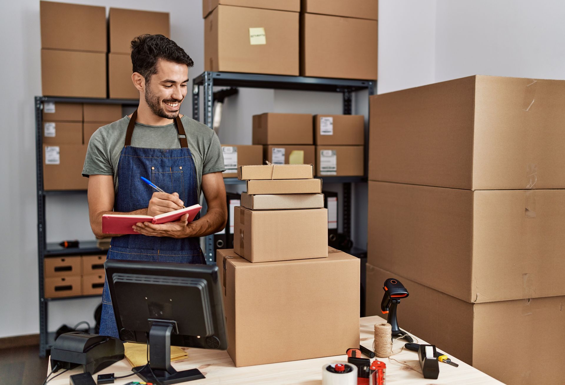 A man is standing in front of a computer in a warehouse.
