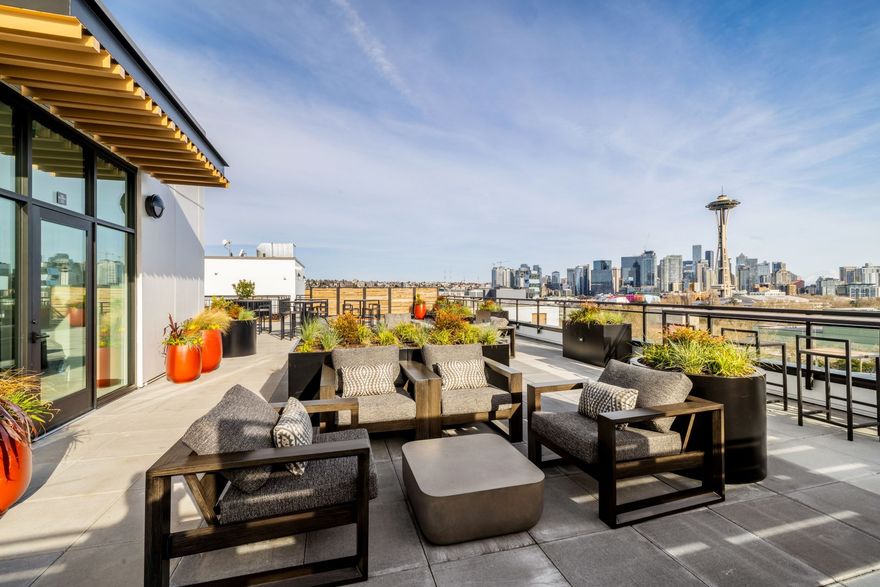 A patio with chairs , tables and potted plants with a view of the city skyline.