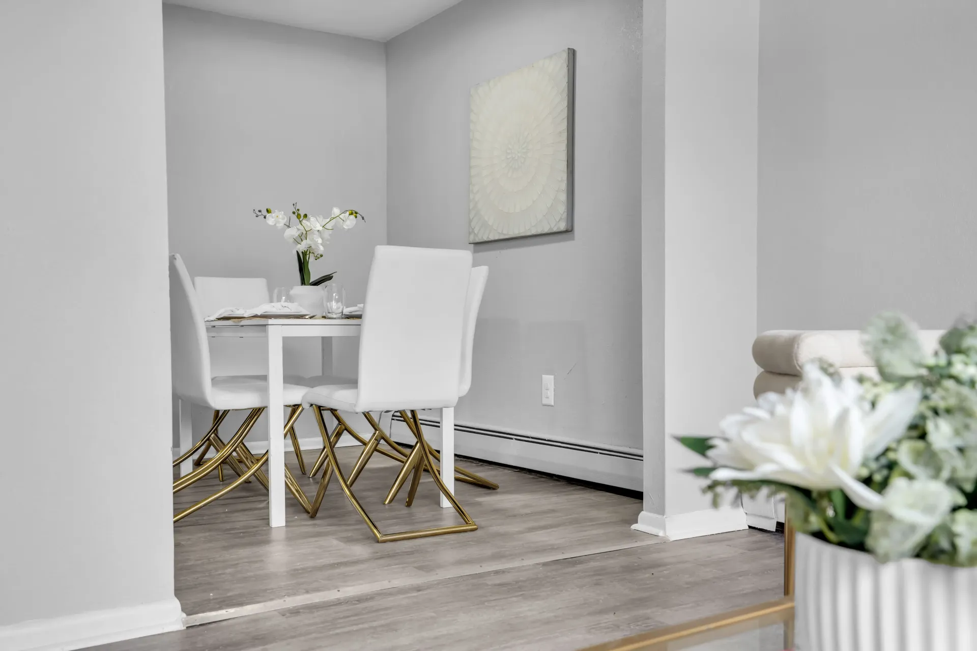 Cozy dining nook with modern decor at Town Bank Manor Apartments, NJ