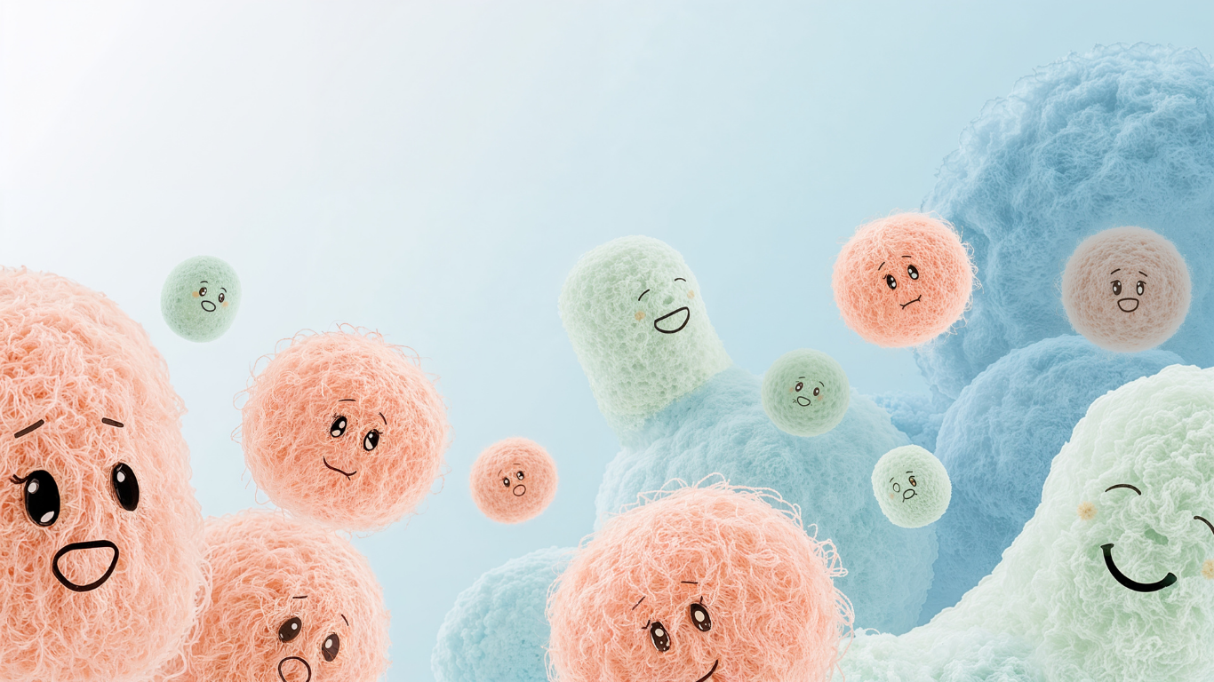 a cartoon of gut bacteria floading around with some smiling and some with sad or surprised faces