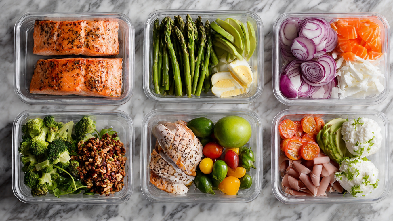 6 glass meal-prep containers with colorful veggies and proteins