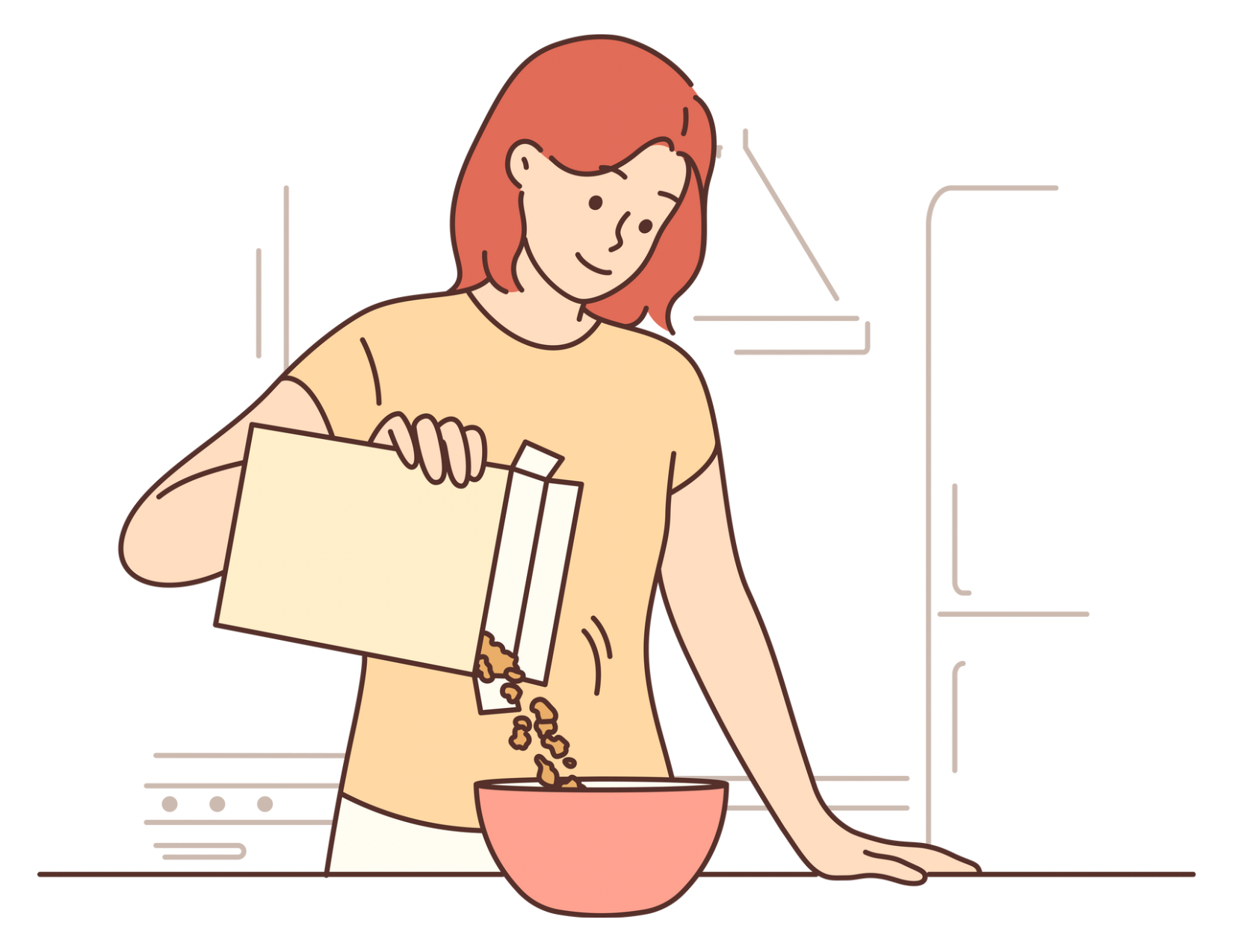 A cartoon woman pours a bowl of cereal