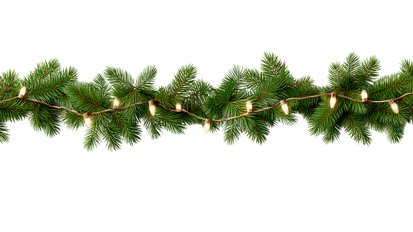 A green Christmas garland stretched across the  screen with white holiday lights