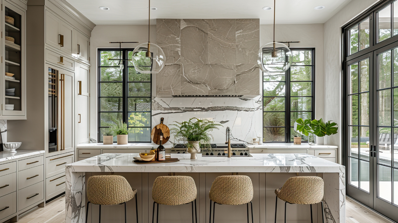 A modern, clean white kitchen with 4 barstools at the counter.