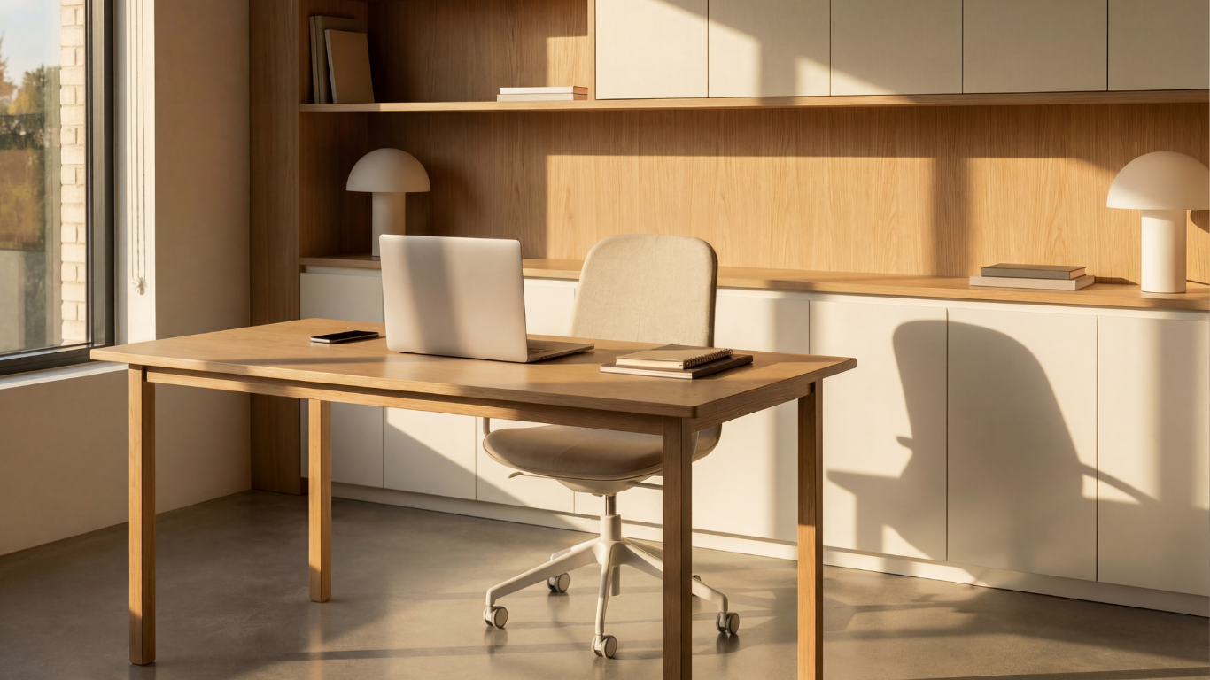 A simple desk sits in an office with light coming in the window