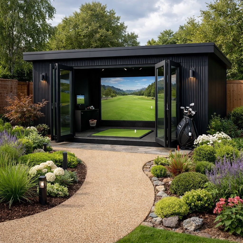 Black golf simulator shed with bi-fold doors, gravel path, and landscaped garden.