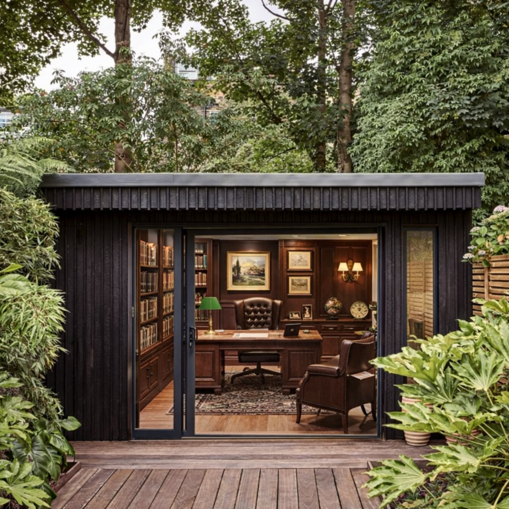 A dark wooden garden office with open doors, showcasing a classic library-style interior.