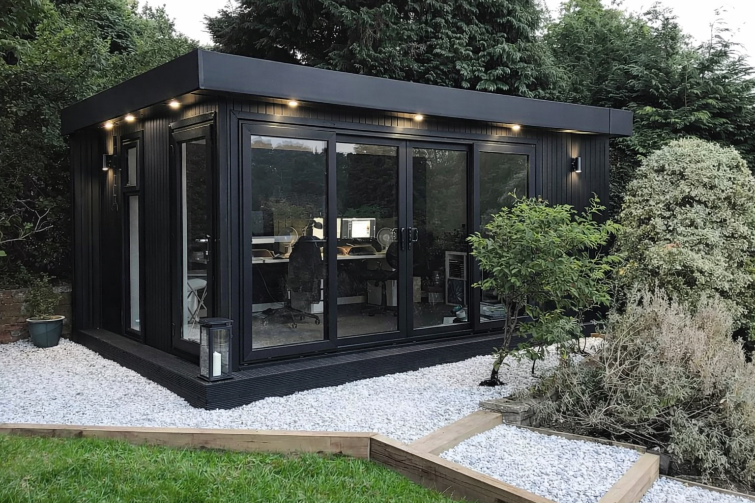 Black modern garden office with glass doors, built in a backyard with landscaping.