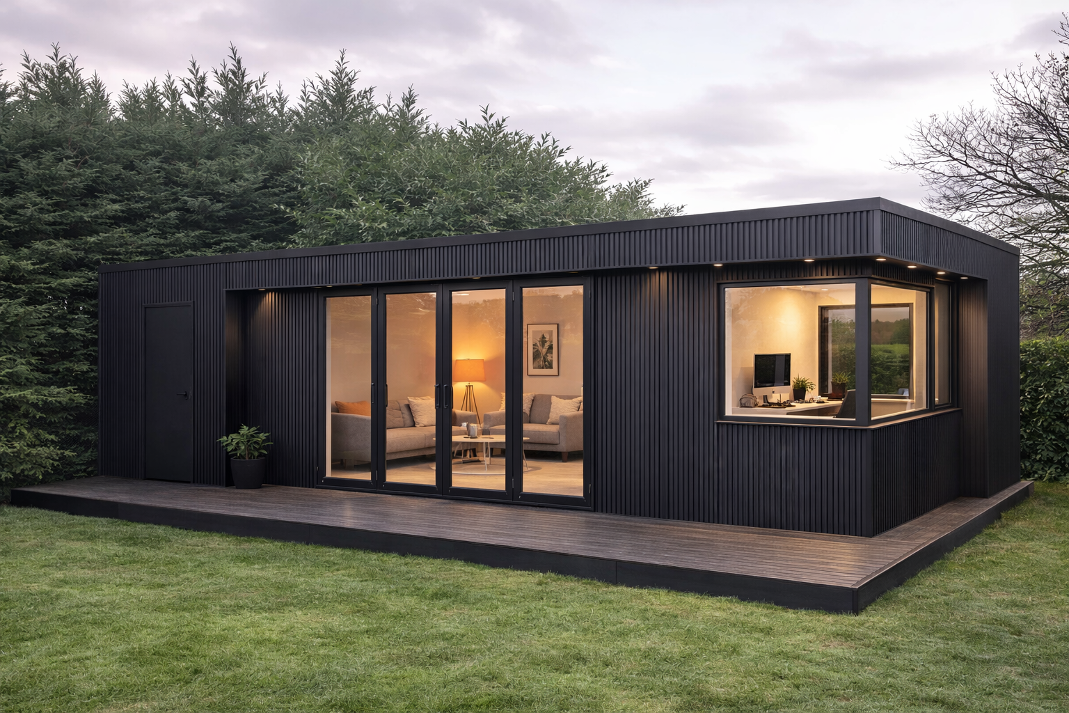Black modern outdoor office with glass doors and a lit interior, on a lawn.