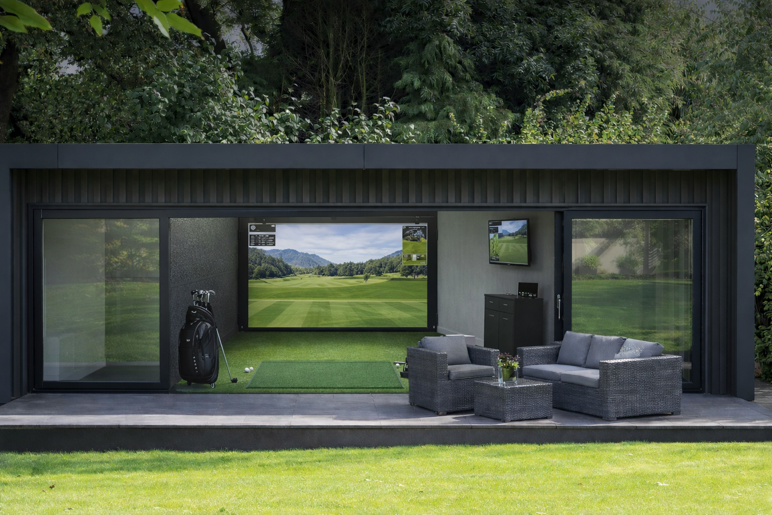 Golf simulator room with open doors showing golf course screen and seating area.