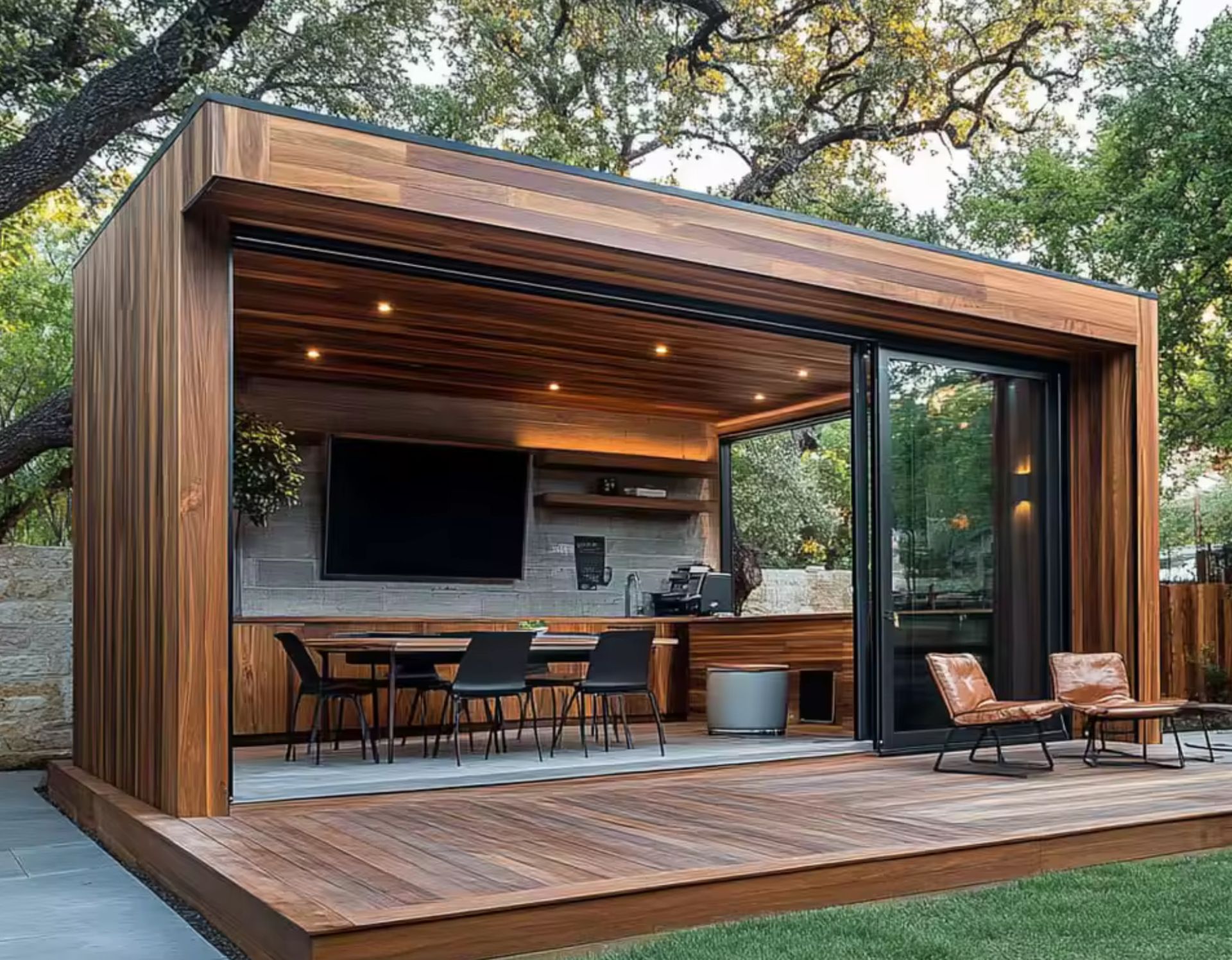 Wooden outdoor pavilion with kitchen, seating, and large sliding glass door.