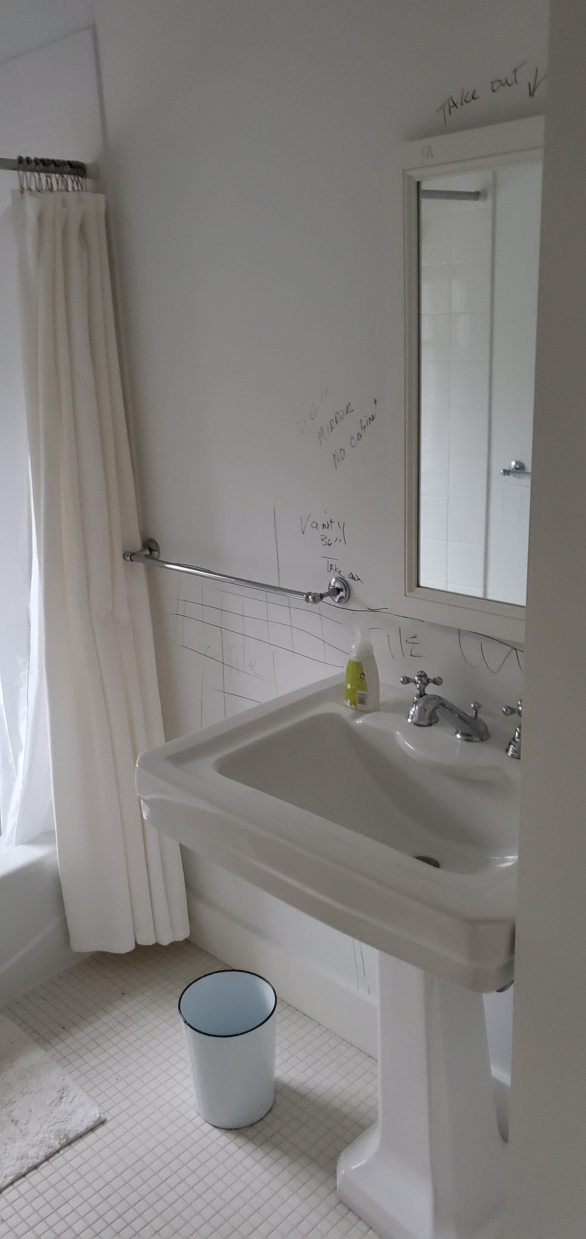 a bathroom with a sink , mirror , and trash can .