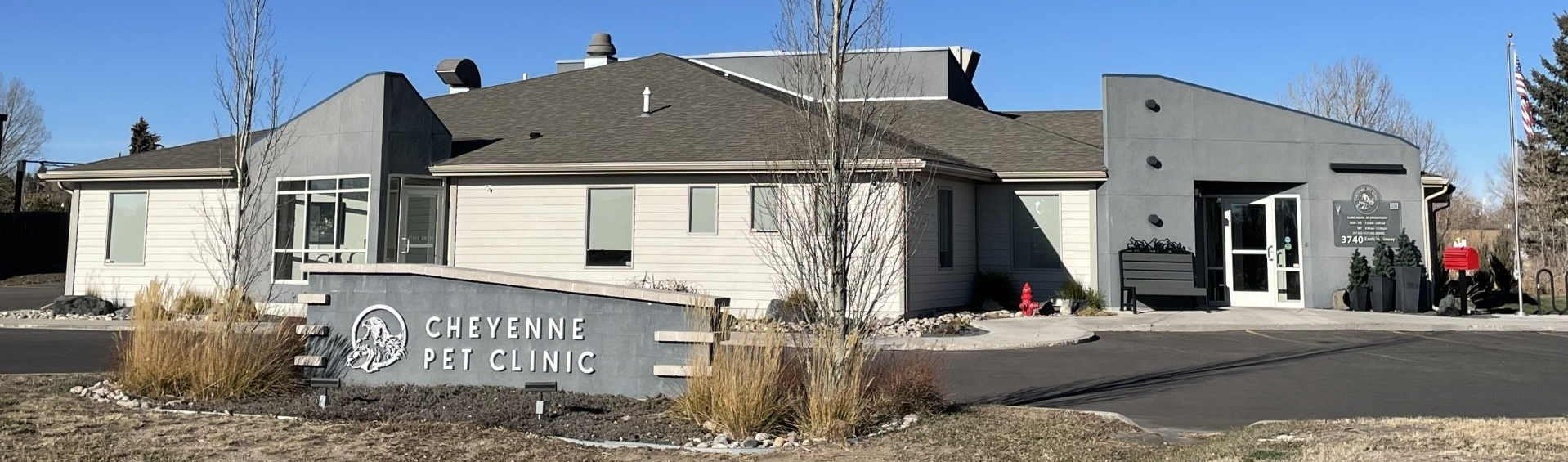 Cheyenne Pet Clinic building with the sign in front of it.