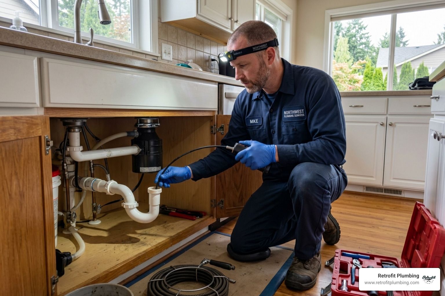 Professional plumber inspecting a residential drain in Covington WA - drain cleaning Covington