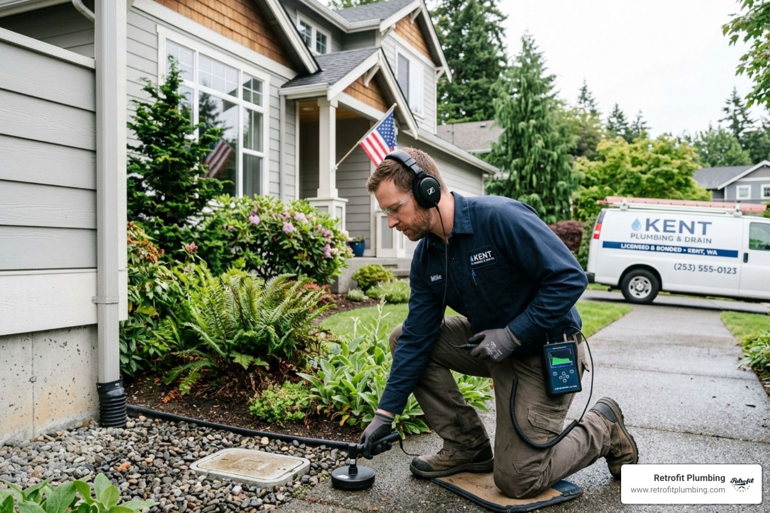 leak detection Kent WA plumber using acoustic listening equipment - leak detection Kent WA