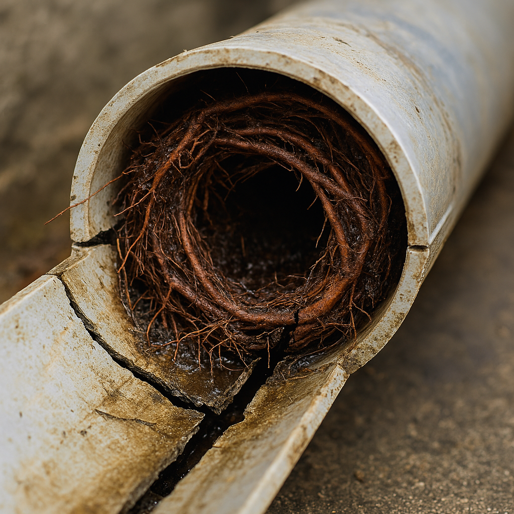 Roots growing in a pipe 