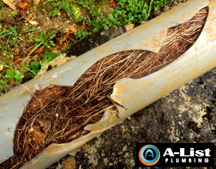 A close up of a plumbing pipe with roots coming out of it
