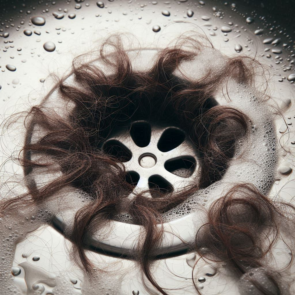 A close up of a drain with hair coming out of it