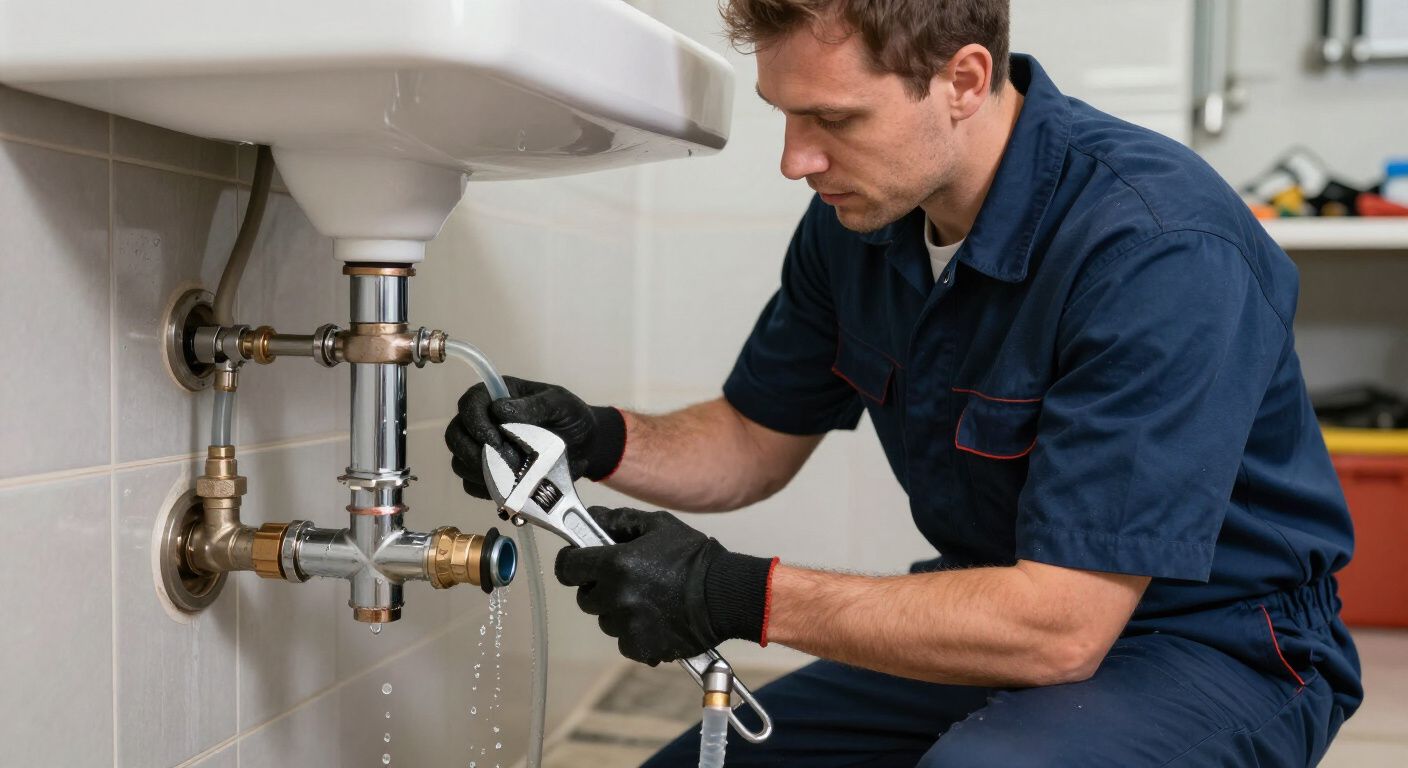 A man is loading tools into the back of a plumbing van.