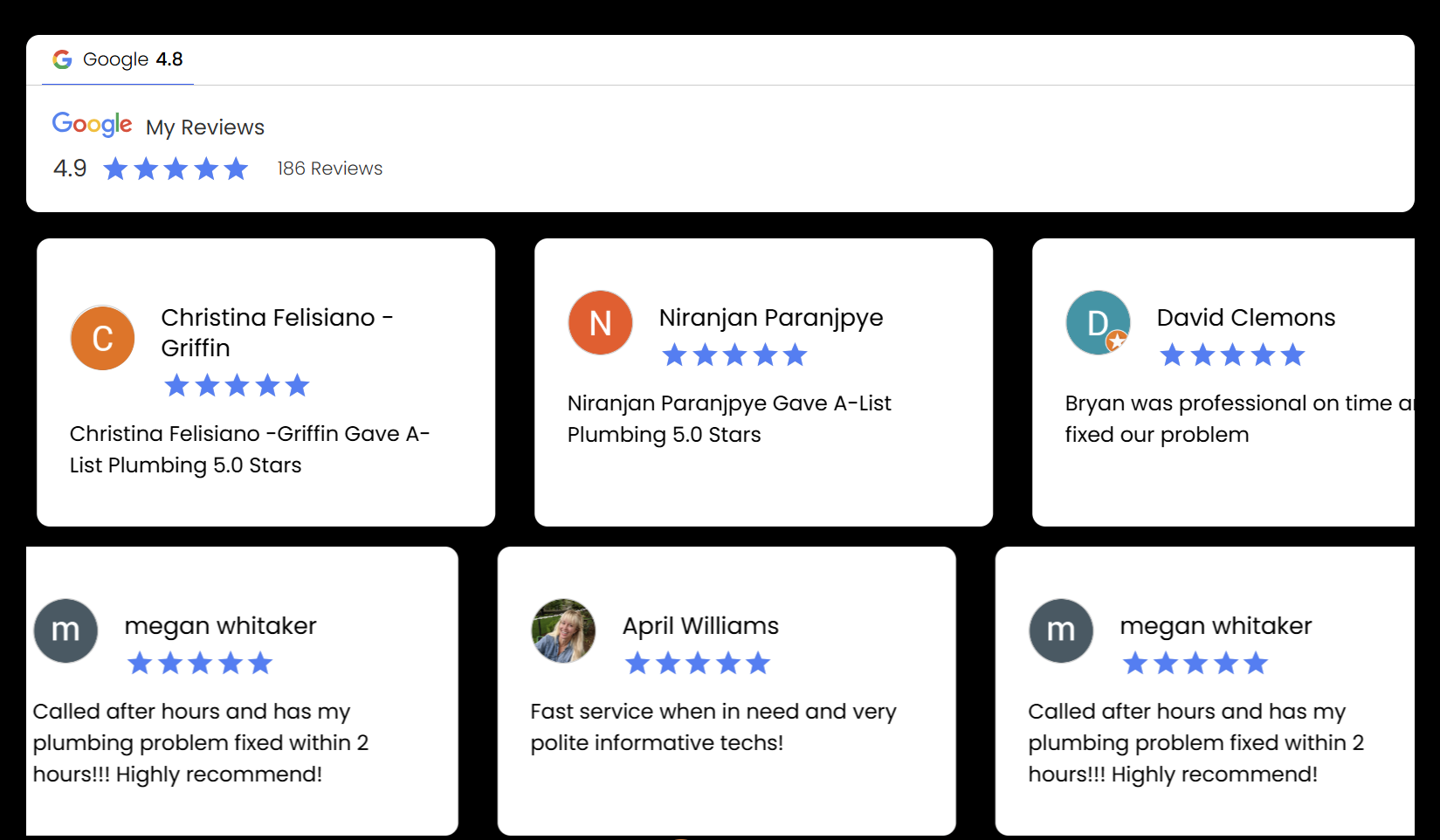 Google reviews with stars, names, and snippets of text about plumbing services.