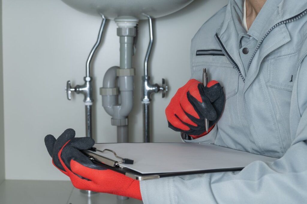 A man is holding a clipboard and a pen in front of a sink.