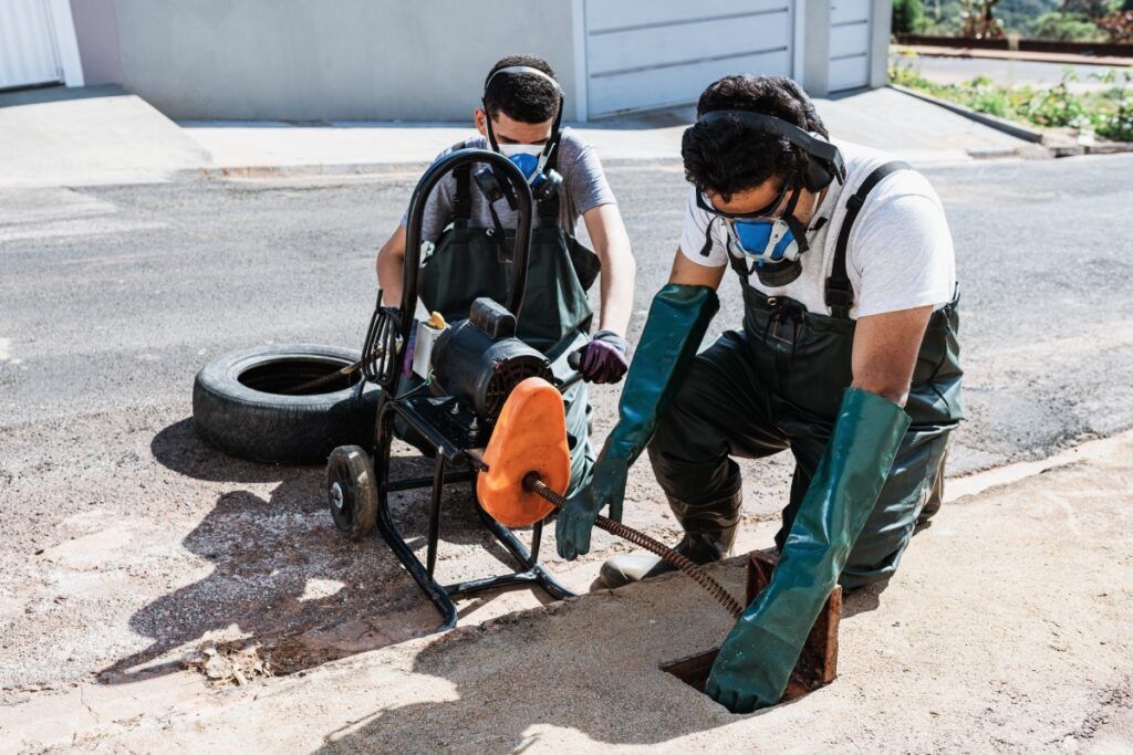 Two men wearing masks and gloves are working on a drain.