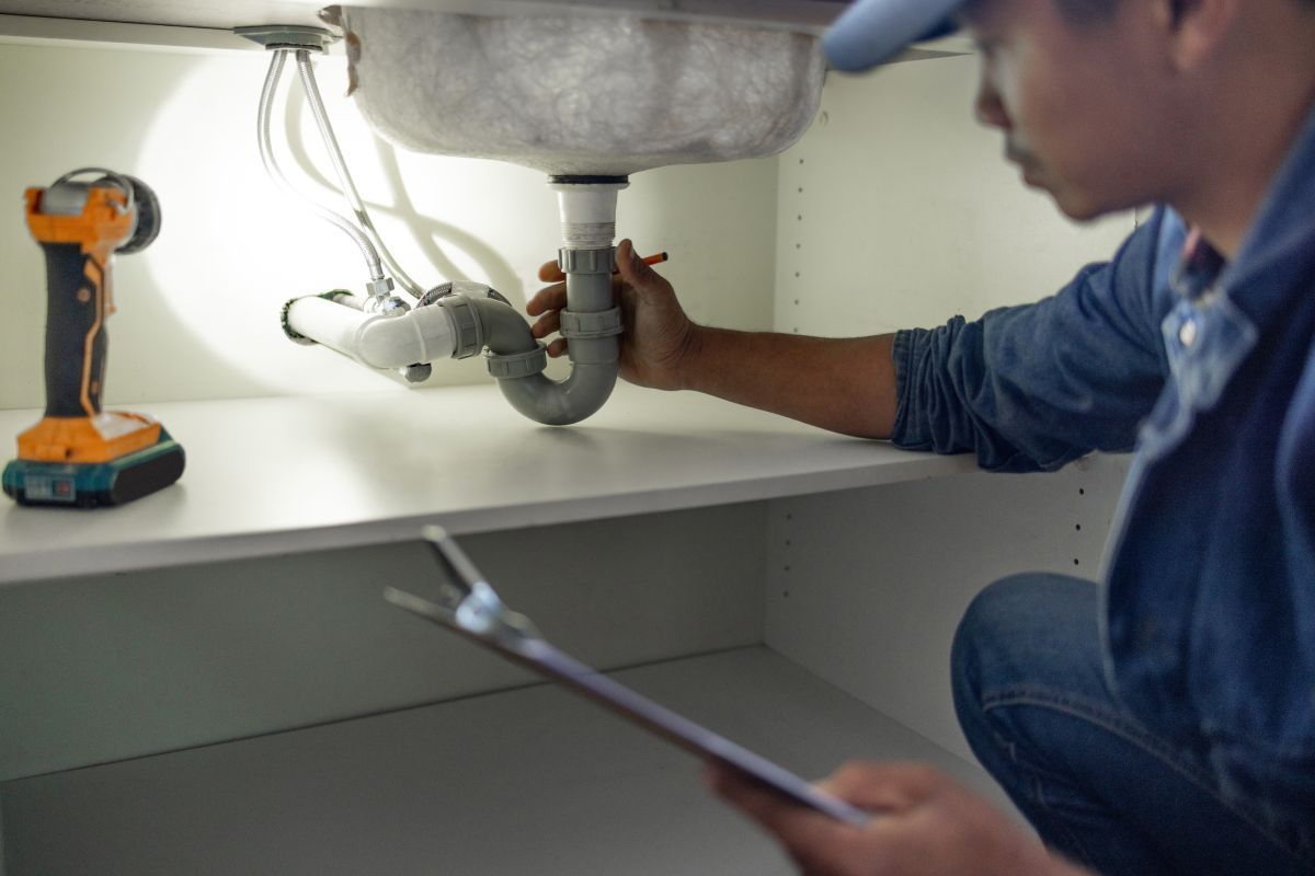 A man is kneeling under a sink while holding a clipboard and a flashlight.