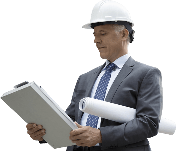 a man wearing a hard hat is holding a clipboard and blueprints