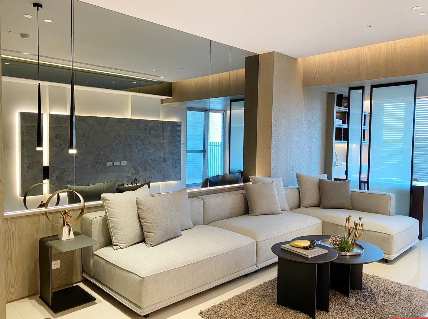 A living room with a couch and a coffee table