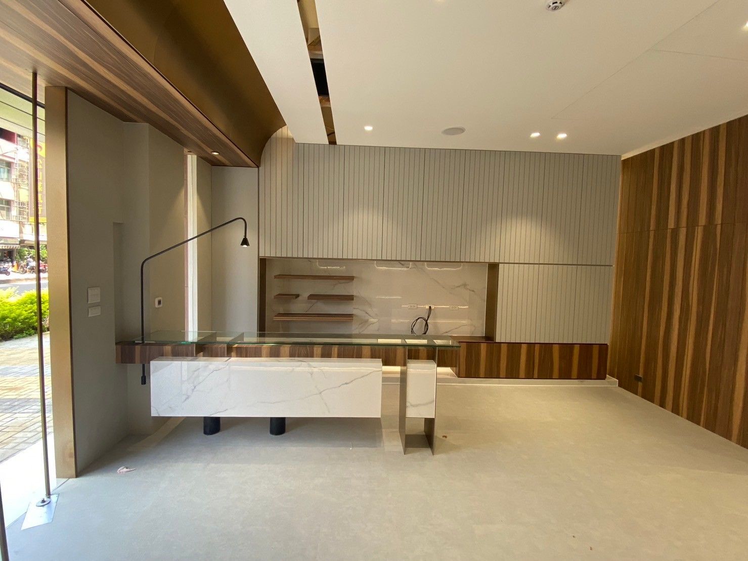 There is a counter in the middle of the room.