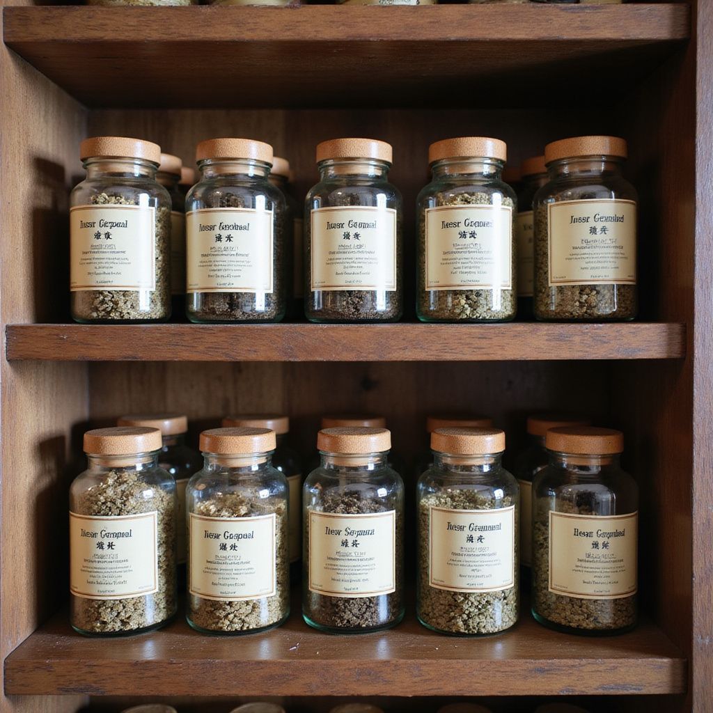 Glass jars of herbs on wooden shelves.