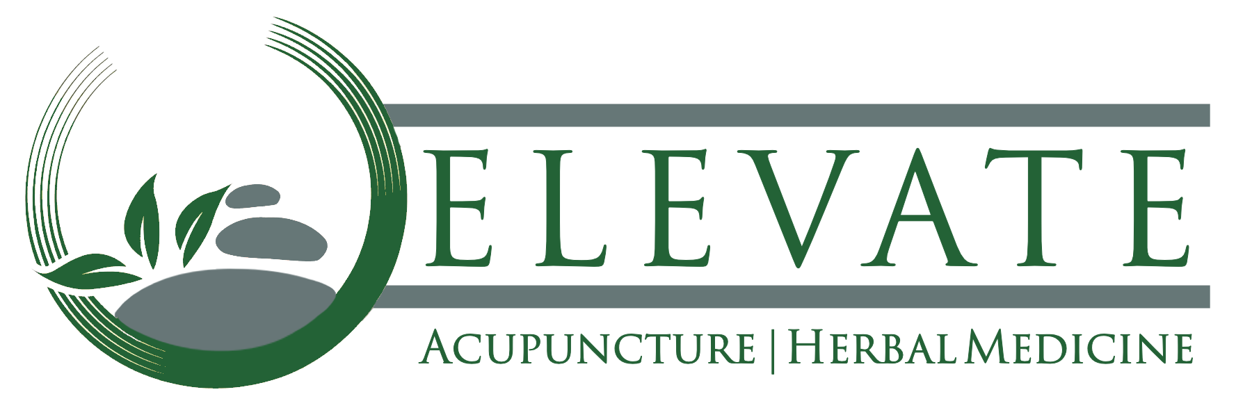 Logo for Elevate: green circle with leaves and stones, green