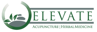 Logo for Elevate: green circle with leaves and stones, green 