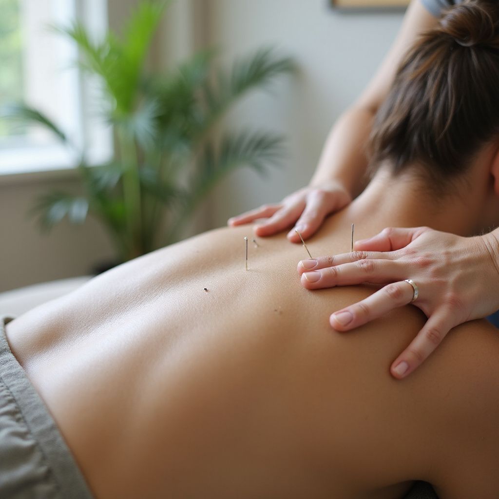 Woman receiving acupuncture on her back, with needles inserted by a practitioner.