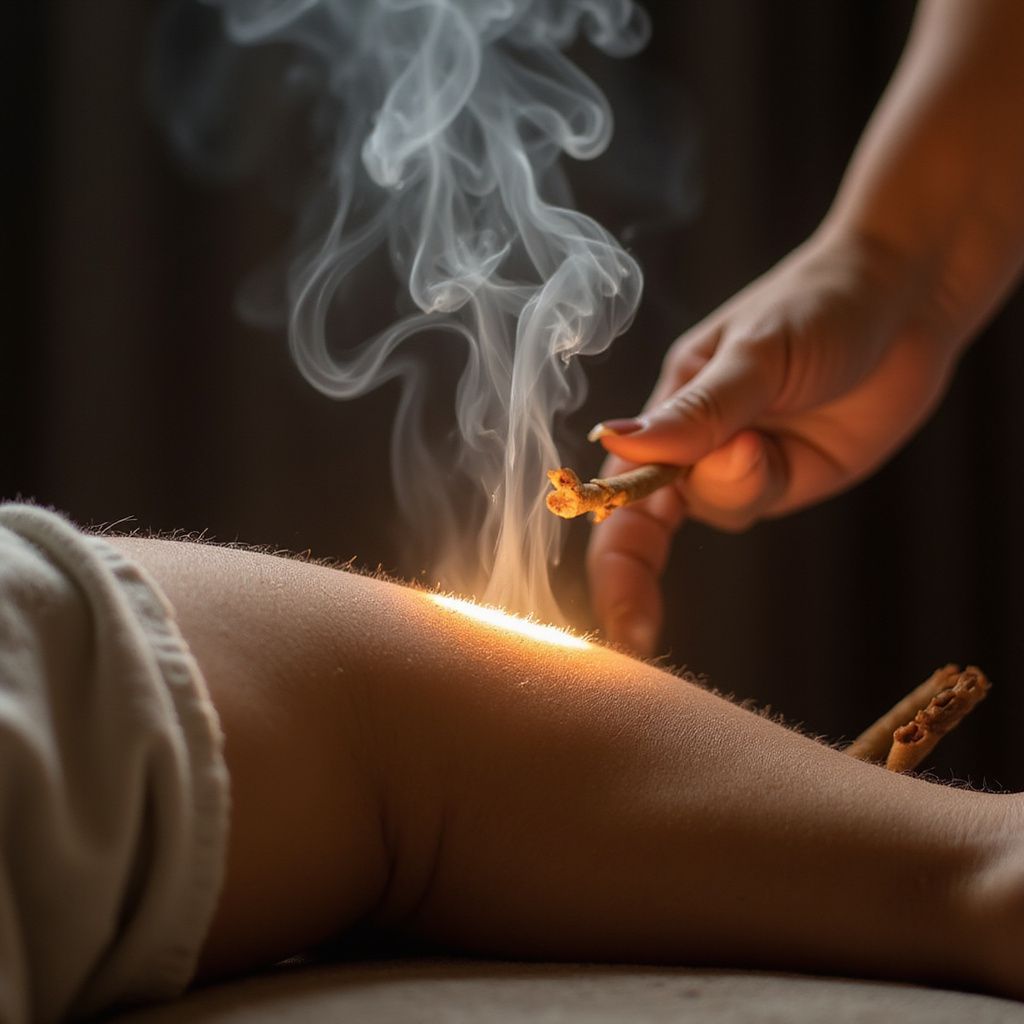 Burning mugwort on skin, part of moxibustion therapy. Smoke rises from the heated area.