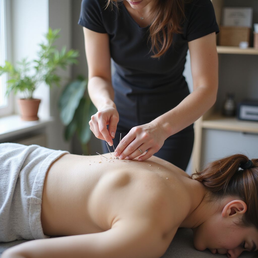 Woman receiving acupuncture on her back in a wellness setting. Needles are being inserted into her skin.