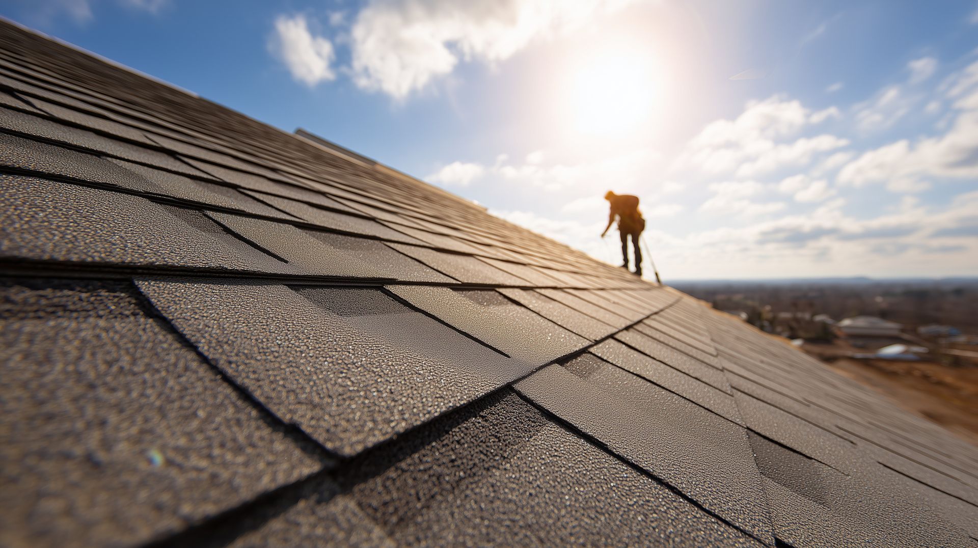Worker silhouetted on rooftop, inspecting shingles under bright sun.