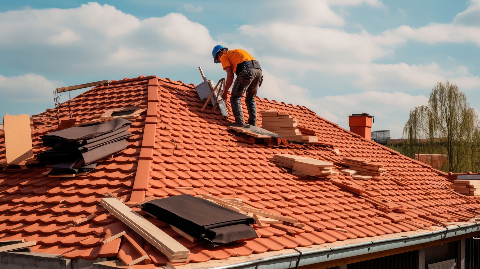 Workman repairs the roof tiles of the house.