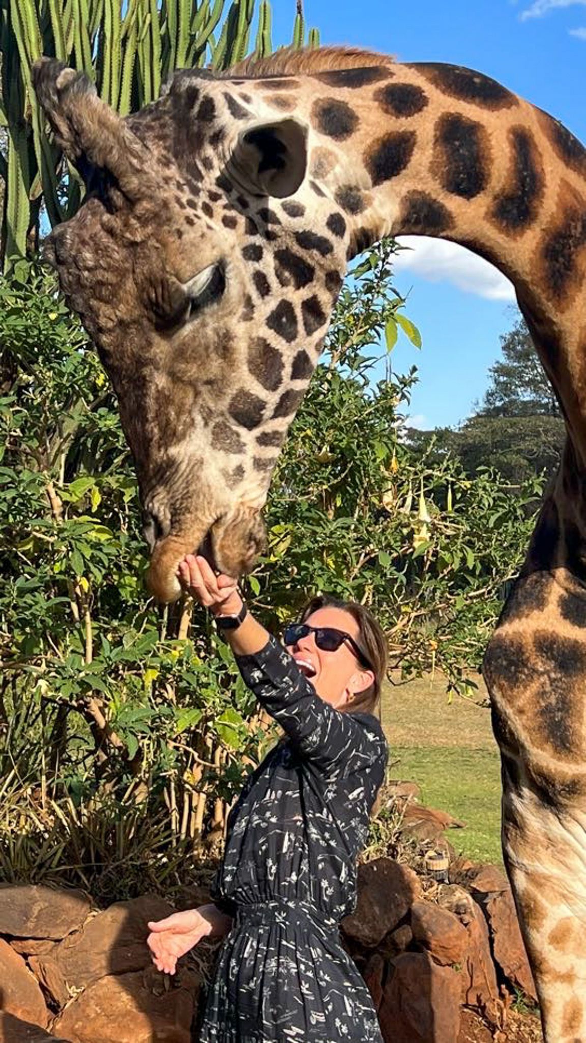 A woman is feeding a giraffe from her hand.