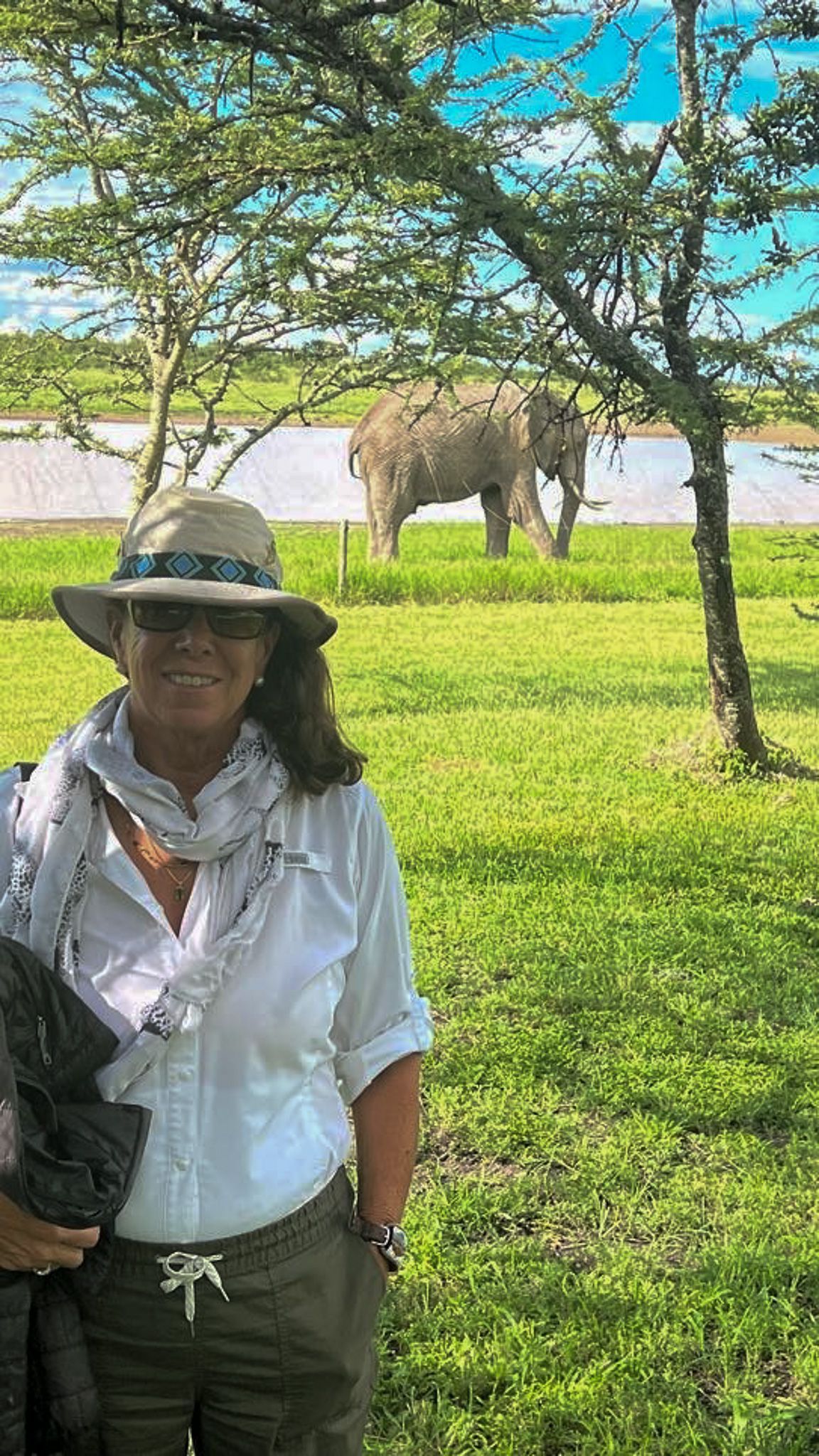 A woman is standing in a field with elephants in the background.