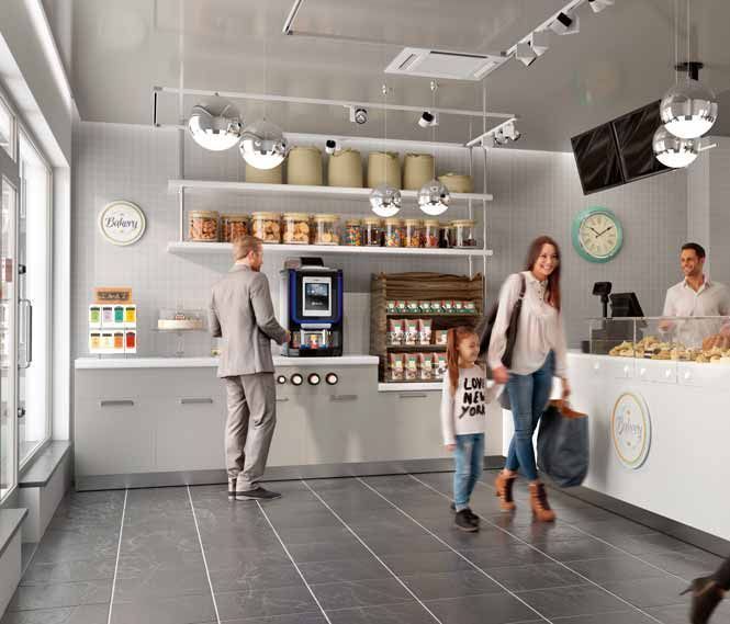 an artist 's impression of a bakery with people walking around