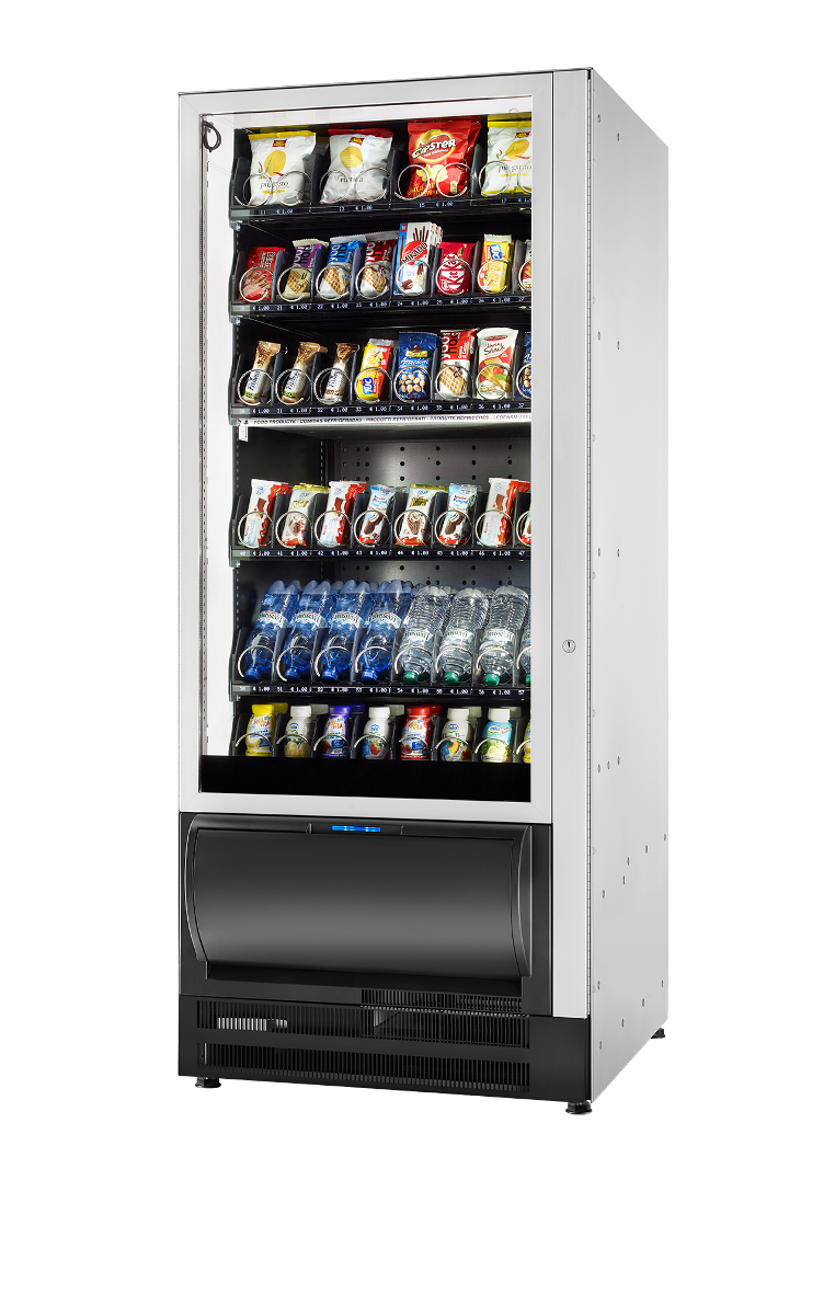a vending machine filled with drinks and snacks on a white background .