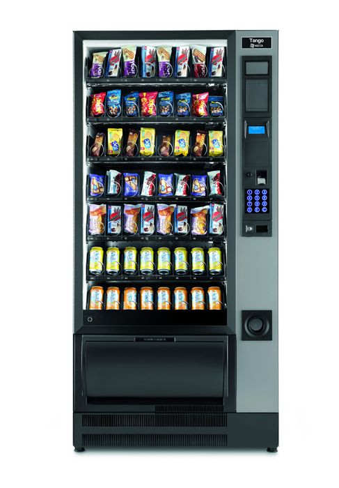a vending machine filled with a variety of snacks and drinks .