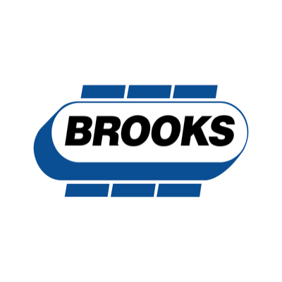 a blue and white brooks logo on a white background