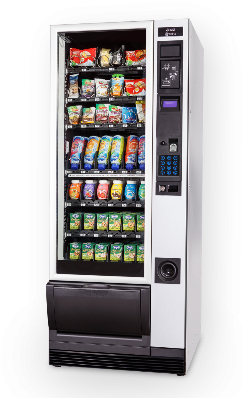 a vending machine filled with snacks and drinks on a white background .