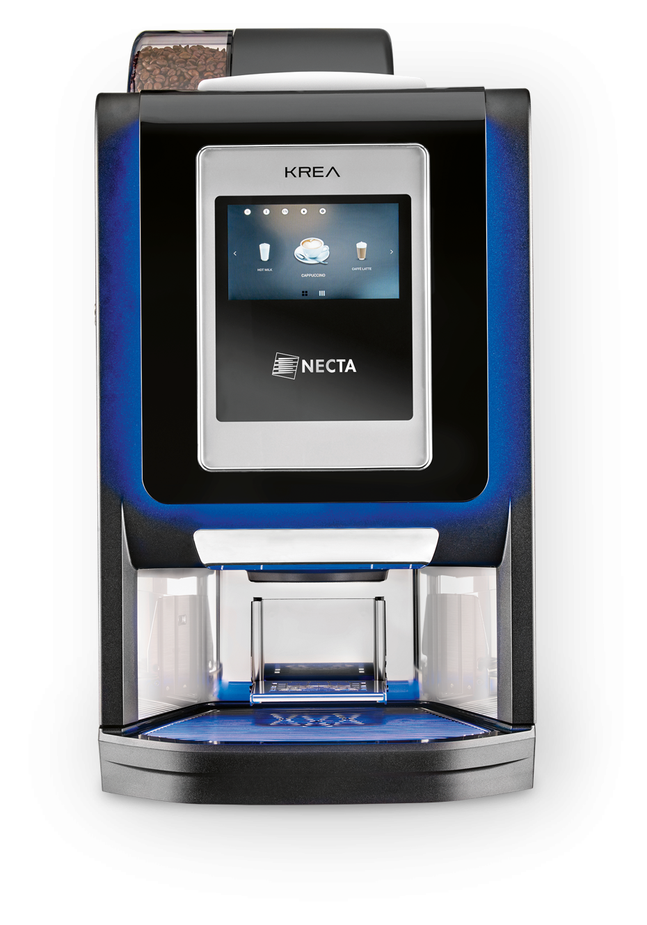 a blue and black coffee machine with a screen on it .