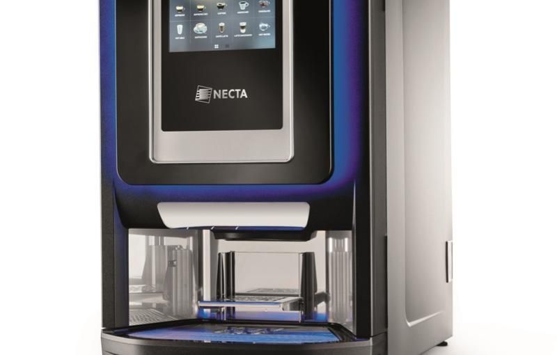 a coffee machine with a blue screen on a white background .